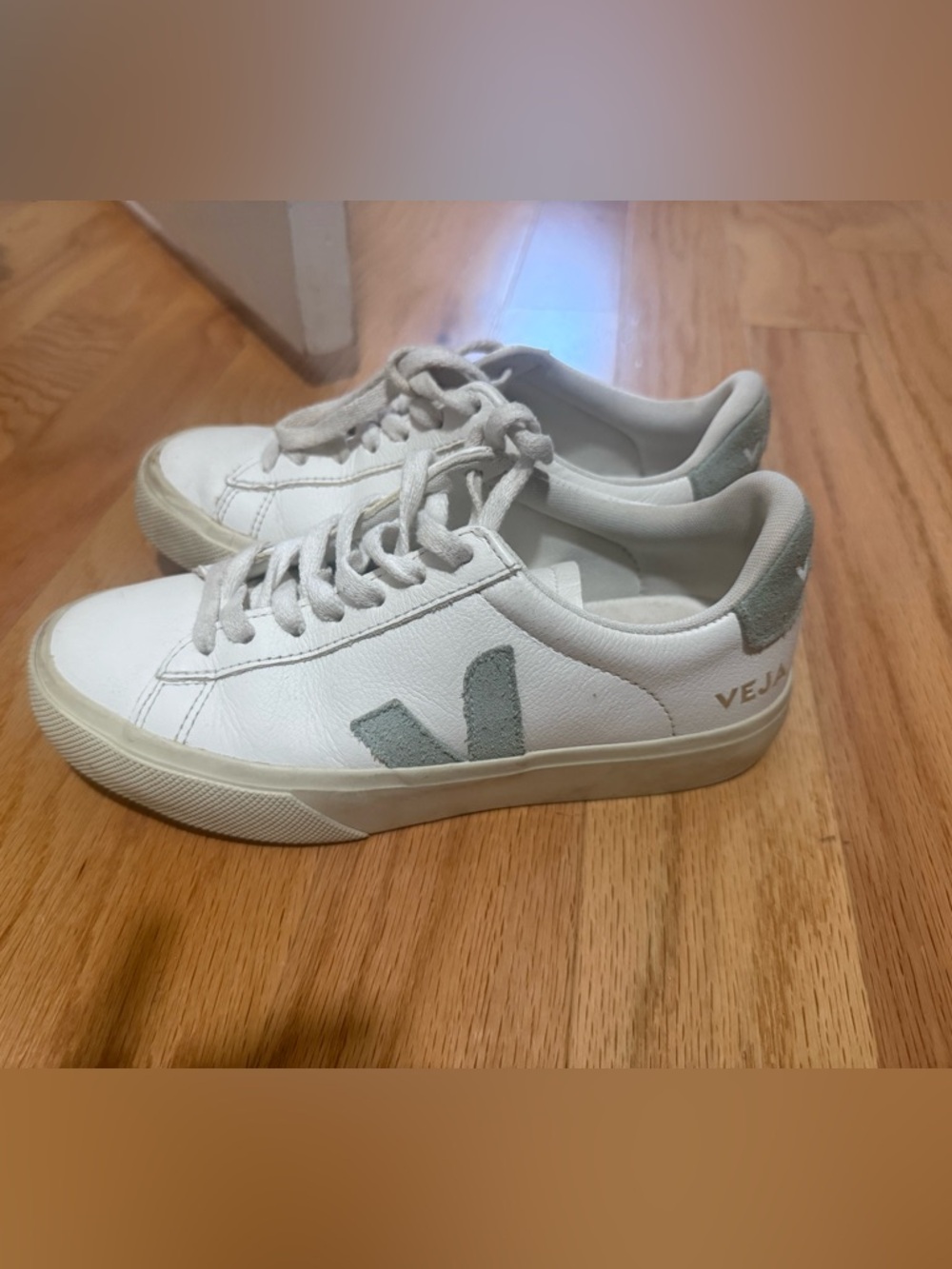 Veja White Leather Low-Top Sneakers with Sage Green V